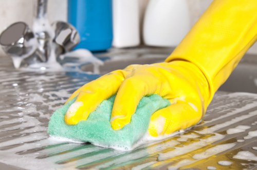 A professional cleaner assessing a freshly cleaned carpet for quality